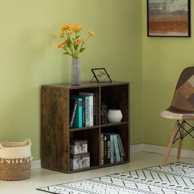 Basicwise Modern Wooden Toy Storage Bookshelf 4 Cube Organizer Square Bookcase, Walnut Image 2
