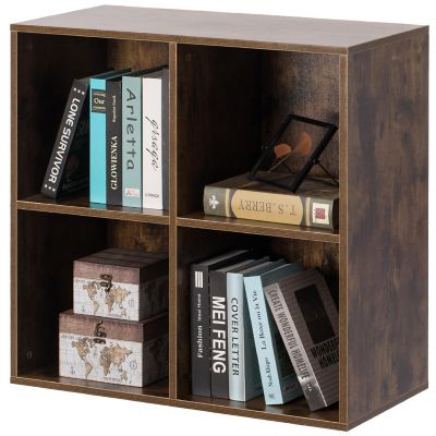 Basicwise Modern Wooden Toy Storage Bookshelf 4 Cube Organizer Square Bookcase, Walnut Image 3