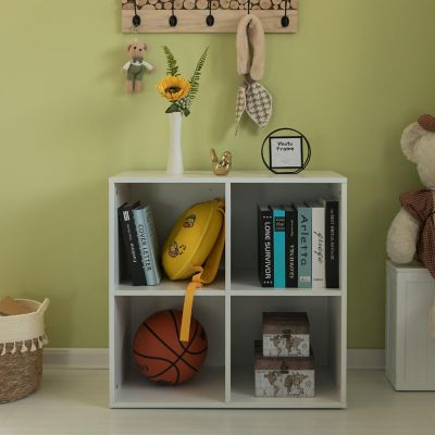 Basicwise Modern Wooden Toy Storage Bookshelf 4 Cube Organizer Square Bookcase, White Image 1