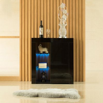 Basicwise Office or Living Room Side Storage Cabinet With LED, Black Image 1
