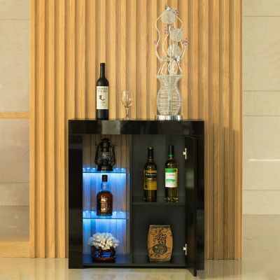 Basicwise Office or Living Room Side Storage Cabinet With LED, Black Image 2
