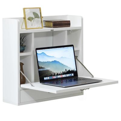 Basicwise Wall Mount Folding Laptop Writing Computer or Makeup Desk with Storage Shelves and Drawer, White Image 1