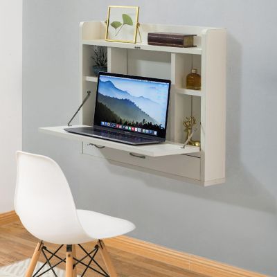 Basicwise Wall Mount Folding Laptop Writing Computer or Makeup Desk with Storage Shelves and Drawer, White Image 1