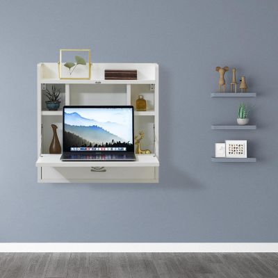 Basicwise Wall Mount Folding Laptop Writing Computer or Makeup Desk with Storage Shelves and Drawer, White Image 2