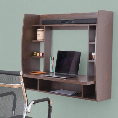 Basicwise Wall Mount Laptop Office Desk with Shelves, Brown Image 1