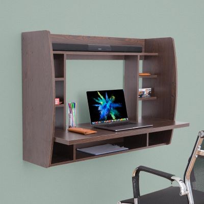 Basicwise Wall Mount Laptop Office Desk with Shelves, Brown Image 2