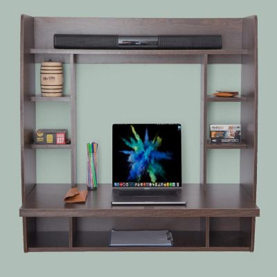 Basicwise Wall Mount Laptop Office Desk with Shelves, Brown Image 3