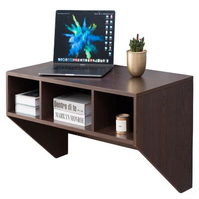 Basicwise Wall Mounted Office Computer Desk with Three Compartments, Brown Image 1