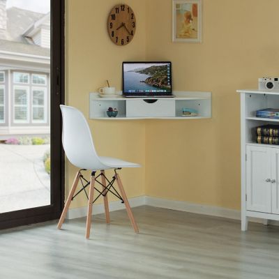 Basicwise White Corner Desk Heart Shaped Wall Mounted Office Table with Drawer and Two Shelves Computer Writing Desk Image 1