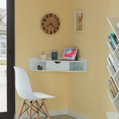 Basicwise White Corner Desk Heart Shaped Wall Mounted Office Table with Drawer and Two Shelves Computer Writing Desk Image 2
