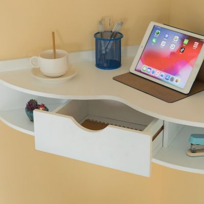 Basicwise White Corner Desk Heart Shaped Wall Mounted Office Table with Drawer and Two Shelves Computer Writing Desk Image 3
