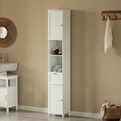 Basicwise White Tall Standing Bathroom Linen Tower Storage Cabinet for Bathroom and Vanity Image 1