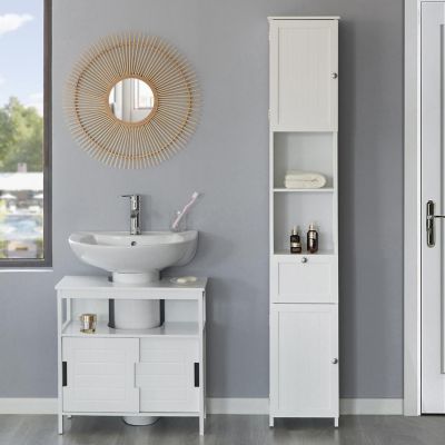 Basicwise White Tall Standing Bathroom Linen Tower Storage Cabinet for Bathroom and Vanity Image 2
