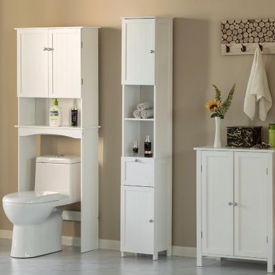 Basicwise White Tall Standing Bathroom Linen Tower Storage Cabinet for Bathroom and Vanity Image 3