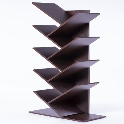 Basicwise Wooden 9-Shelf Tree Magazine CD Storage Bookcase, Brown Image 1