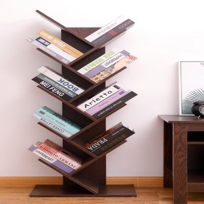 Basicwise Wooden 9-Shelf Tree Magazine CD Storage Bookcase, Brown Image 1
