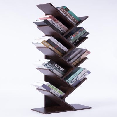 Basicwise Wooden 9-Shelf Tree Magazine CD Storage Bookcase, Brown Image 2