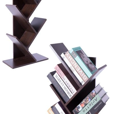 Basicwise Wooden 9-Shelf Tree Magazine CD Storage Bookcase, Brown Image 3
