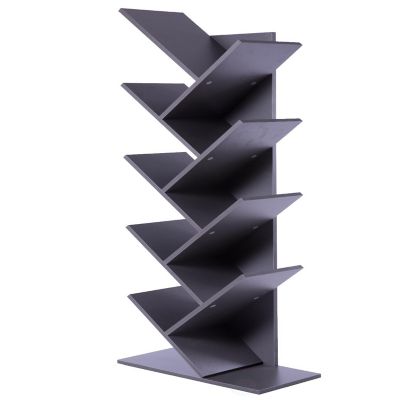 Basicwise Wooden 9-Shelf Tree Magazine CD Storage Bookcase, Gray Image 1