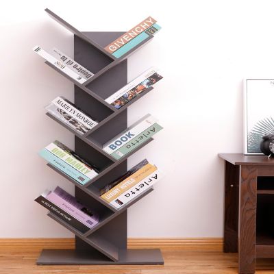 Basicwise Wooden 9-Shelf Tree Magazine CD Storage Bookcase, Gray Image 1