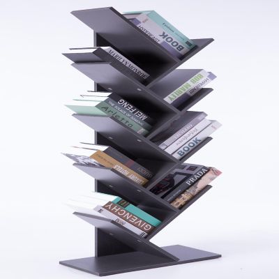 Basicwise Wooden 9-Shelf Tree Magazine CD Storage Bookcase, Gray Image 2