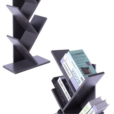 Basicwise Wooden 9-Shelf Tree Magazine CD Storage Bookcase, Gray Image 3