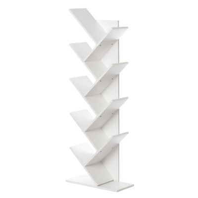 Basicwise Wooden 9-Shelf Tree Magazine CD Storage Bookcase, White Image 1