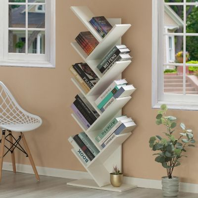Basicwise Wooden 9-Shelf Tree Magazine CD Storage Bookcase, White Image 1