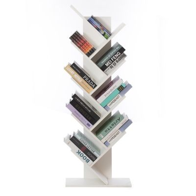 Basicwise Wooden 9-Shelf Tree Magazine CD Storage Bookcase, White Image 2