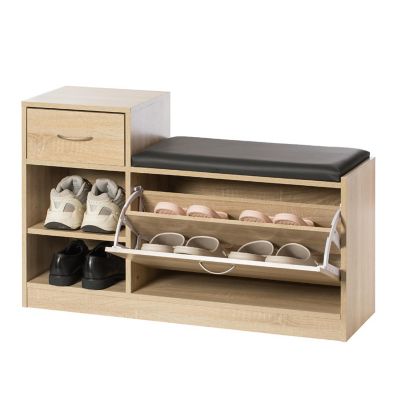 Basicwise Wooden Entryway Shoe Storage Bench with Cushion, Oak Image 1