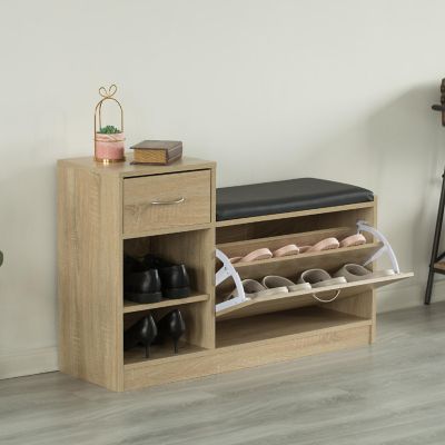 Basicwise Wooden Entryway Shoe Storage Bench with Cushion, Oak Image 1