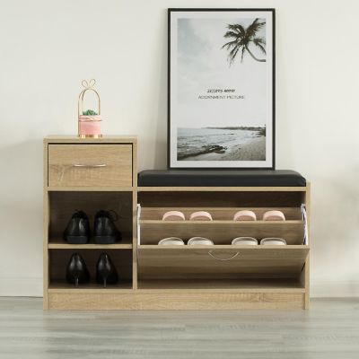 Basicwise Wooden Entryway Shoe Storage Bench with Cushion, Oak Image 2