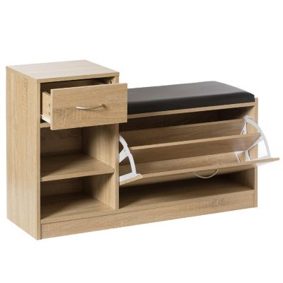 Basicwise Wooden Entryway Shoe Storage Bench with Cushion, Oak Image 3