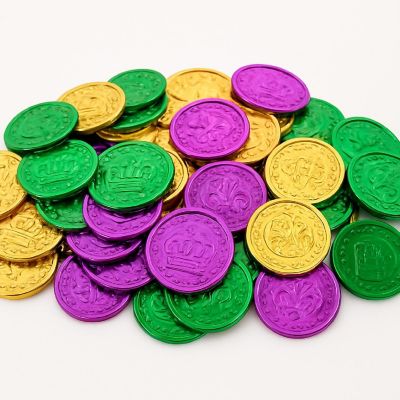Beistle - 1&amp;#189;" - Gold - Mardi Gras Plastic Coins Assorted! Image 2