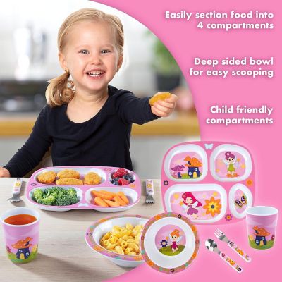 Bentology 5 Pcs Fairy Mealtime Divided Plate Feeding Set for Kids - Includes Plate w/Four Compartments, Bowl, Cup, Fork & Spoon Utensil Flatware Image 2
