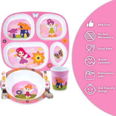 Bentology 5 Pcs Fairy Mealtime Divided Plate Feeding Set for Kids - Includes Plate w/Four Compartments, Bowl, Cup, Fork & Spoon Utensil Flatware Image 3