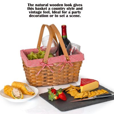 Big Mo's Toys Picnic Basket - Woven Natural Woodchip Wicker Basket with Double Handles and Red and White Gingham Blanket Lining Image 1