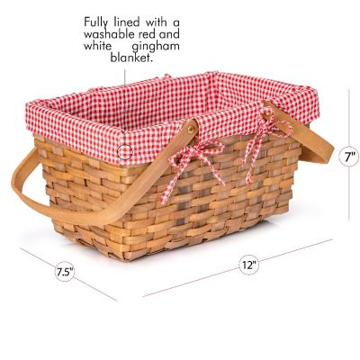 Big Mo's Toys Picnic Basket - Woven Natural Woodchip Wicker Basket with Double Handles and Red and White Gingham Blanket Lining Image 3