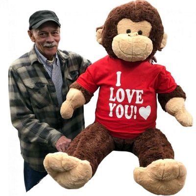 Big Plush I Love You Giant Stuffed Monkey 4 Feet Tall Soft Brown Large Plush Ape wears T-Shirt 48 Inches Image 3