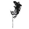 Black Masquerade Mask with Feathers and Silver Stick Image 1