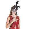 Black Masquerade Mask with Feathers and Silver Stick Image 1