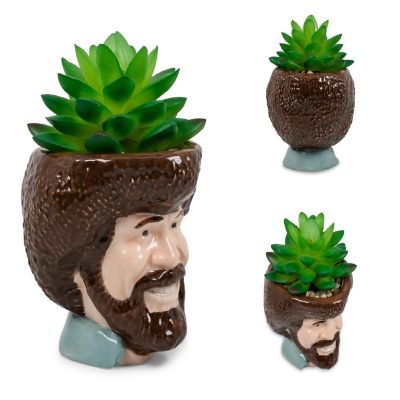 Bob Ross Mini Ceramic Planter with Artificial Succulent Plant Image 1