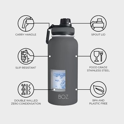 BOZ Stainless Steel Water Bottle XL (1 L / 32oz) Wide Mouth, Vacuum Double Wall Insulated (Grey) Image 2