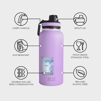 BOZ Stainless Steel Water Bottle XL (1 L / 32oz) Wide Mouth, Vacuum Double Wall Insulated (Lavender) Image 3
