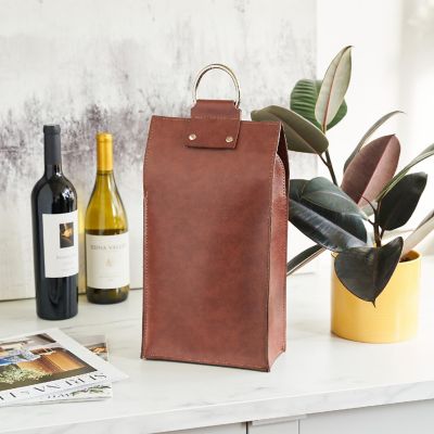 Brown Faux Leather Double-Bottle Wine Tote Image 1