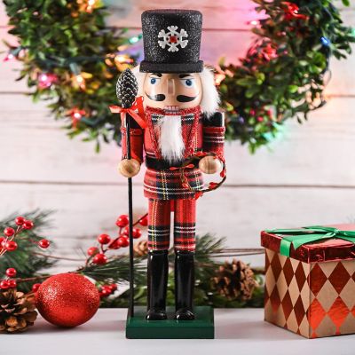 Buffalo Plaid Nutcracker Red and Black Wooden Nutcracker Soldier with an Acorn Staff and Holly Berries Wreath Image 2