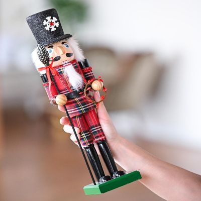 Buffalo Plaid Nutcracker Red and Black Wooden Nutcracker Soldier with an Acorn Staff and Holly Berries Wreath Image 3
