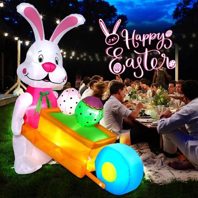 CAMULAND 5.9FT Inflatable Easter Bunny Pushing Wheelbarrow with Eggs and Built-in LED lights Easter Bunny Outdoor Decorations Image 1