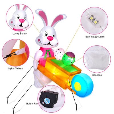 CAMULAND 5.9FT Inflatable Easter Bunny Pushing Wheelbarrow with Eggs and Built-in LED lights Easter Bunny Outdoor Decorations Image 2