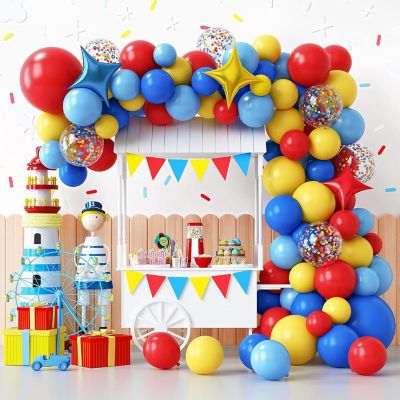 Carnival Circus Balloon Garland Arch Kit, 120pcs Red Blue Yellow Primary Color Balloons Rainbow Multicolor Confetti and Star Foil Balloons for Birthday Party Image 1